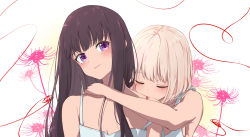 Rule 34 | 2girls, absurdres, black hair, blonde hair, blush, closed eyes, closed mouth, commentary request, flower, highres, hug, hug from behind, inoue takina, long hair, looking at viewer, lycoris recoil, multiple girls, nishikigi chisato, purple eyes, scar, short hair, smile, spider lily, tomu (tom 309k), upper body, yuri