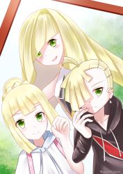 Rule 34 | 1boy, 2girls, :d, absurdres, asymmetrical hair, blonde hair, blunt bangs, blush, braid, brother and sister, closed mouth, collarbone, creatures (company), dress, earrings, eyebrows, eyes visible through hair, family, french braid, frown, game freak, gem, gladion (pokemon), green eyes, highres, hood, hood down, hoodie, jewelry, lillie (pokemon), long hair, long sleeves, lusamine (pokemon), mother and daughter, mother and son, multiple girls, nintendo, open mouth, pokemon, pokemon sm, ponytail, siblings, sleeveless, sleeveless dress, smile, spoilers, torn clothes, torn sleeves, twitter username, very long hair, white dress, yuyumi (yuurei)