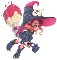 Rule 34 | 1girl, arnaud tegny, boots, broom, broom riding, cat, dress, flying, full body, green eyes, hat, highres, li&#039;l judd (splatoon), long sleeves, nintendo, octoling, octoling girl, octoling player character, open mouth, pointy ears, red hair, simple background, solo, splatoon (series), splatoon 2, tentacle hair, white background, witch, witch hat