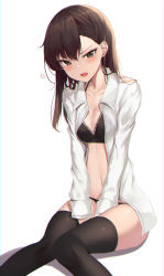 Rule 34 | 1girl, absurdres, anger vein, apple ringo, between legs, black bra, black panties, black thighhighs, blush, bra, breasts, brown eyes, brown hair, cleavage, collarbone, collared shirt, commentary request, dress shirt, frown, highres, lace, lace-trimmed bra, lace trim, long hair, long sleeves, looking at viewer, medium breasts, navel, no pants, open clothes, open mouth, open shirt, original, panties, shadow, shirt, simple background, sitting, solo, stomach, string bra, thighhighs, thighs, underwear, v-shaped eyebrows, white background, white shirt