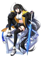 Rule 34 | 1girl, :d, absurdly long hair, ahoge, bare shoulders, belt, black gloves, black hair, black jacket, black pantyhose, black shorts, black thighhighs, blue eyes, boots, breasts, closers, collared shirt, crop top, fang, gloves, hair between eyes, hand up, highres, jacket, knee up, long hair, long sleeves, looking at viewer, medium breasts, midriff, navel, off shoulder, official art, open clothes, open jacket, open mouth, pantyhose, partially fingerless gloves, planted, puffy sleeves, shirt, short shorts, shorts, side ponytail, sidelocks, single leg pantyhose, single thighhigh, sitting, sleeveless, sleeveless shirt, smile, solo, stomach, sword, thigh strap, thighhighs, thighs, v-shaped eyebrows, very long hair, weapon, white footwear, white shirt, yuri seo, zipper, zipper pull tab