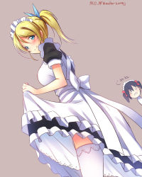 Rule 34 | 10s, 2girls, apron, ayase eli, blonde hair, blush, breast envy, breasts, clothes lift, dated, dutch angle, from side, frown, garter straps, hair ribbon, highres, large breasts, looking at viewer, love live!, love live! school idol project, maid, maid apron, maid headdress, multiple girls, petticoat, ponytail, ribbon, short hair, skirt, skirt lift, smile, song name, thighhighs, white legwear, wonder zone, yazawa nico, yu-ta