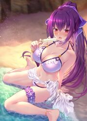Rule 34 | 1girl, absurdres, anklet, bare shoulders, barefoot, bikini, blurry, blush, bracelet, breasts, bridal garter, cleavage, collarbone, depth of field, drop earrings, earrings, emanon123, fate/grand order, fate (series), food, hair between eyes, highres, jewelry, large breasts, legs, long hair, looking at viewer, melting, navel, open mouth, ponytail, popsicle, purple hair, purple ribbon, red eyes, ribbon, sarong, scathach (fate), scathach skadi (fate), shore, sitting, solo, sweat, swimsuit, wariza
