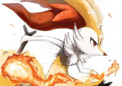 Rule 34 | 1girl, animal ear fluff, animal ears, arm up, artist name, braixen, creatures (company), female focus, fire, fox ears, fox tail, from side, game freak, gen 6 pokemon, highres, holding, holding stick, ikei, jpeg artifacts, nintendo, open mouth, pokemon, pokemon (creature), profile, red eyes, running, signature, simple background, solo, stick, tail, upper body, white background