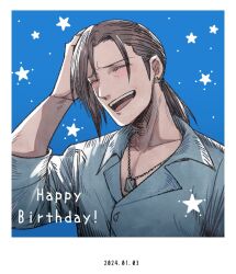 Rule 34 | blue background, blue shirt, blush, brown hair, closed eyes, dog tags, earrings, final fantasy, final fantasy viii, happy birthday, jewelry, laguna loire, laughing, long hair, low ponytail, male focus, necklace, nnnmmg0725, open mouth, ponytail, shirt, smile, star (symbol), teeth, upper teeth only