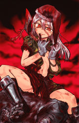 Rule 34 | 1girl, axe, bell, blood, blood on clothes, bloody weapon, boots, bright pupils, corpse, facial scar, fur trim, gloves, grey gloves, grey hair, hair bell, hair ornament, hat, hatchet, hatchet (axe), highres, holding, holding weapon, kotoba noriaki, legs apart, licking, licking finger, long hair, looking at viewer, armored boots, monster, naked overalls, navel, original, overalls, pointy ears, pom pom (clothes), red background, red eyes, santa hat, scar, scar on cheek, scar on face, sitting, smile, smirk, solo, spread legs, tongue, tongue out, weapon