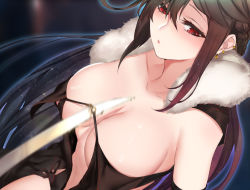 Rule 34 | 1girl, bare shoulders, black dress, blush, breasts, brown hair, center opening, cleavage, collarbone, dress, earrings, fate/grand order, fate (series), fur collar, jewelry, large breasts, long hair, long sleeves, looking at viewer, multiple earrings, parted lips, pd (pdpdlv1), red eyes, revealing clothes, ribbon-trimmed dress, strapless, strapless dress, sword, very long hair, weapon, yu mei-ren (fate)