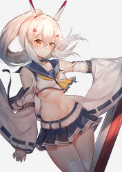 Rule 34 | 1girl, absurdres, arm at side, ascot, ayanami (azur lane), azur lane, bandaid, bandaid on arm, bare shoulders, belt, blue choker, blue sailor collar, blue skirt, blush, breasts, choker, closed mouth, collarbone, crop top, detached sleeves, dutch angle, expressionless, floating hair, gradient background, grey background, groin, hair between eyes, head tilt, headgear, high ponytail, highres, horz, legs together, long hair, long sleeves, looking at viewer, midriff, miniskirt, navel, orange eyes, outstretched arm, pleated skirt, ponytail, remodel (azur lane), ribbon-trimmed sleeves, ribbon trim, sailor collar, school uniform, serafuku, shade, shiny skin, shirt, sidelocks, skirt, sleeveless, sleeveless shirt, small breasts, solo, standing, stomach, thighhighs, thighs, underboob, white background, white belt, white hair, white shirt, white thighhighs, wide sleeves, yellow ascot