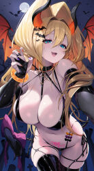 Rule 34 | 1girl, absurdres, alternate costume, aqua eyes, bat (animal), bat hair ornament, between breasts, black bra, black nails, black panties, black thighhighs, blonde hair, blush, bow, bra, breasts, bridal gauntlets, demon wings, fangs, goddess of victory: nikke, hair between eyes, hair intakes, hair ornament, halloween, halloween costume, heart, heart in eye, highres, horns, large breasts, leaning forward, long hair, looking at viewer, mole, mole on breast, moon, multicolored nails, nail polish, navel, night, o-ring, o-ring thigh strap, open mouth, orange nails, outdoors, panties, pink bow, pubic tattoo, purple nails, revealing clothes, rupee (nikke), side-tie panties, skindentation, solo, strap between breasts, strap lift, symbol in eye, tail, tail bow, tail ornament, tasmanian devil tail, tattoo, thigh strap, thighhighs, tombstone, underwear, wings, yuri (chocho q)