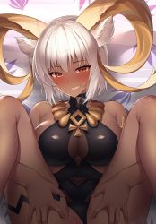 Rule 34 | 1girl, animal ears, arknights, bad id, bad pixiv id, bare shoulders, black one-piece swimsuit, blush, breasts, carnelian (arknights), carnelian (shimmering dew) (arknights), clothing aside, clothing cutout, covered navel, dark-skinned female, dark skin, goat ears, goat horns, grin, h.carrrrrrot, highleg, highleg swimsuit, horns, jewelry, large breasts, looking at viewer, lying, m legs, necklace, on back, one-piece swimsuit, out-of-frame censoring, red eyes, short hair, smile, solo, spread legs, swimsuit, swimsuit aside, thighs, white hair