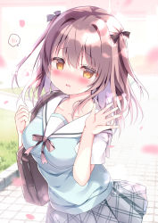 Rule 34 | 1girl, azumi kazuki, bag, black bow, blue shirt, blush, bow, breasts, brown eyes, brown hair, collarbone, commentary request, day, grey skirt, hair between eyes, hair bow, long hair, looking at viewer, medium breasts, nose blush, original, outdoors, parted lips, petals, pleated skirt, sailor collar, school bag, school uniform, serafuku, shirt, short sleeves, skirt, solo, spoken blush, two side up, wavy mouth, white sailor collar