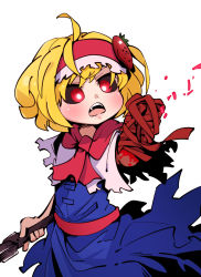Rule 34 | 1girl, alice margatroid, amputee, bandaged arm, bandages, black sclera, blonde hair, blood, blue dress, blush, colored sclera, cookie (touhou), dress, food-themed hair ornament, frilled hairband, frills, gram 9, hair ornament, hairband, holding, ichigo (cookie), looking at viewer, open mouth, red eyes, red hairband, red sash, red scarf, sash, scarf, short hair, simple background, solo, strawberry hair ornament, touhou, upper body, white background