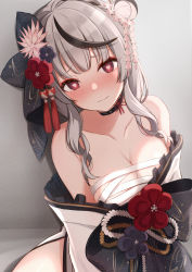 1girl absurdres bare_shoulders black_choker black_hair blunt_bangs blush breasts chest_sarashi choker cleavage closed_mouth collarbone flower flower_ornament grey_hair hair_bun hair_flower hair_ornament heart heart-shaped_pupils highres hololive japanese_clothes kimono large_breasts looking_at_viewer medium_hair multicolored_hair off_shoulder official_alternate_costume panna444 pink_flower purple_flower raised_eyebrows red_eyes red_flower red_ribbon ribbon sakamata_chloe sakamata_chloe_(new_year) sarashi shy sidelocks single_hair_bun sitting solo streaked_hair symbol-shaped_pupils tassel tassel_hair_ornament virtual_youtuber