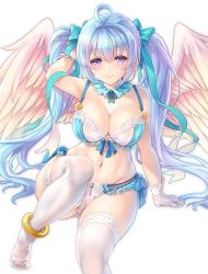 Rule 34 | 1girl, ahoge, angel wings, bell, blue hair, blush, bra, collar, embroidered bra, embroidered panties, flower bra, frilled bra, frilled collar, frilled panties, frills, gem, gloves, hair ribbon, lace, lace-trimmed legwear, lace-trimmed panties, lace trim, light blue hair, lips, makirin, miruno (sennen sensou aigis), navel, neck ribbon, panties, purple eyes, ribbon, sennen sensou aigis, side-tie panties, sitting, smile, solo, thighhighs, twintails, underwear, white thighhighs, wings