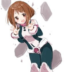 Rule 34 | 10s, 1girl, :d, belt, blush, bodysuit, boku no hero academia, breasts, brown eyes, brown hair, commentary, cowboy shot, english commentary, hands up, leaning forward, looking at viewer, medium breasts, mochii, open mouth, short hair, smile, solo, standing, uraraka ochako