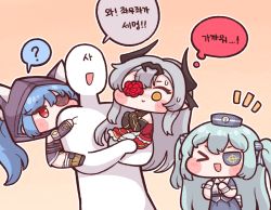 Rule 34 | &gt; &lt;, 1boy, 3girls, :d, ?, @ @, ^^^, animal hood, blue hair, blush, blush stickers, bulga, carrying, chibi, clinging, commander (last origin), cyclops princess (last origin), dixie cup hat, dress, eyepatch, faceless, faceless male, gothic lolita, hair intakes, hair ribbon, hat, hood, last origin, light blue hair, lolita fashion, looking at another, lrl (last origin), military hat, mini person, minigirl, multiple girls, open mouth, print eyepatch, red eyes, ribbon, rose eyepatch, sailor dress, sailor hat, silver hair, simple background, smile, sweatdrop, tachi (artificial hero), trait connection, twintails, two side up, xd, yellow background, yellow eyes