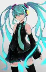 Rule 34 | 1girl, blue eyes, blue hair, collared shirt, colored eyelashes, commentary, cowboy shot, detached sleeves, glowing, glowing headgear, hair ornament, hatsune miku, headphones, kupori, long hair, long sleeves, narrowed eyes, necktie, pleated skirt, shirt, skirt, sleeveless, sleeveless shirt, smile, solo, symbol-only commentary, thighhighs, twintails, very long hair, vocaloid