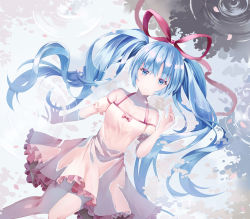 Rule 34 | 1girl, absurdres, bad id, bad pixiv id, blue eyes, blue hair, closed mouth, detached sleeves, dress, floating hair, frilled dress, frills, hatsune miku, highres, long hair, looking at viewer, naryoung, outstretched hand, pink ribbon, ribbon, short dress, short sleeves, sleeveless, sleeveless dress, solo, very long hair, vocaloid, water surface, white dress, white sleeves