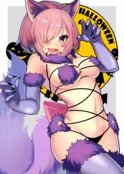 Rule 34 | 1girl, :d, animal ears, blush, bob cut, breasts, claw pose, cowboy shot, elbow gloves, fate/grand order, fate (series), fur-trimmed gloves, fur-trimmed legwear, fur collar, fur trim, ghost, gloves, hair over one eye, halloween, hands up, hip focus, koruta (nekoimo), large breasts, looking at viewer, mash kyrielight, mash kyrielight (dangerous beast), navel, official alternate costume, open mouth, purple eyes, purple gloves, purple hair, revealing clothes, short hair, smile, solo, tail, thighs, tsurime, wolf ears, wolf tail