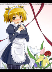 Rule 34 | 1girl, apron, blonde hair, blush, breasts, choker, copyright request, flower, hands on own chest, large breasts, maid, maid apron, open mouth, pantyhose, ribbon choker, short hair, solo, taropun, twintails, yellow eyes