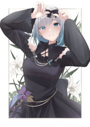 Rule 34 | 1girl, absurdres, arms up, bare shoulders, black bow, black dress, blue eyes, blue hair, border, bow, breasts, commentary, dress, english commentary, flower, gradient hair, grey hair, highres, holding, holding bow (ornament), kaga sumire, large breasts, long sleeves, looking at viewer, medium hair, mole, mole under eye, multicolored hair, smile, solo, unidon 48, upper body, virtual youtuber, vspo!, white border, white flower