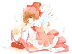 Rule 34 | 1990s (style), 1girl, blush, brown hair, cardcaptor sakura, dress, fuuin no tsue, gloves, green eyes, hat, highres, kero (cardcaptor sakura), kinomoto sakura, looking at viewer, magical girl, nerima, nerima (neconicoban), pink hat, retro artstyle, ribbon, short hair, sitting, solo, thighhighs, twintails, wand, white gloves, wings