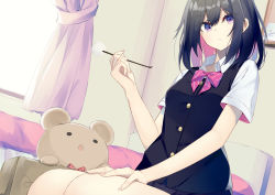 Rule 34 | 1girl, bed, black hair, black skirt, black vest, bow, breasts, collared shirt, commentary request, curtains, day, dress shirt, dutch angle, fingernails, hair between eyes, hand on own thigh, hand up, head tilt, holding, indoors, kavka, looking at viewer, mimikaki, multicolored hair, original, parted lips, pink hair, pleated skirt, purple eyes, red bow, shirt, short sleeves, skirt, small breasts, solo, stuffed animal, stuffed toy, sunlight, teddy bear, two-tone hair, vest, white shirt, wings