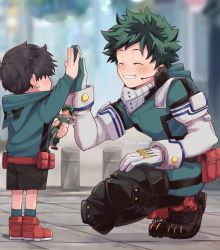 Rule 34 | 2boys, arm up, artist name, belt pouch, black footwear, black hair, black shorts, blurry, blurry background, blush, boku no hero academia, boots, child, closed eyes, commentary, cross-laced footwear, earpiece, elbow gloves, facing another, figure, fingernails, freckles, gloves, green hair, green jumpsuit, green legwear, grin, height difference, high five, highres, holding, hood, hood down, hoodie, jumpsuit, knee pads, lace-up boots, long sleeves, male focus, mask, mask around neck, unworn mask, microphone, midoriya izuku, mouth mask, multiple boys, pouch, red footwear, shoes, short hair, shorts, smile, socks, squatting, twitter username, usshi (usi dada), white gloves