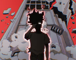 Rule 34 | 1boy, building, chromatic aberration, commentary, crying, cryptikk-and-the-barn, debris, destruction, english commentary, glowing, highres, kageyama shigeo, kageyama shigeo (???), male focus, mob psycho 100, red background, rubbing eyes, shirt, short sleeves, solo, tears