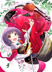 Rule 34 | 1girl, ahoge, arm ribbon, at-yui, blouse, bowl, brown eyes, crystal, earrings, flower, hammer, highres, in bowl, in container, japanese clothes, jewelry, kimono, looking at viewer, needle, no headwear, no headwear, obi, open mouth, petals, purple hair, ribbon, sash, shirt, smile, solo, sukuna shinmyoumaru, touhou, upside-down, white background, white shirt