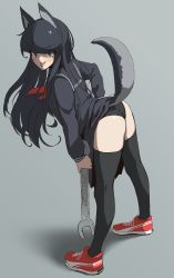 Rule 34 | 1girl, animal ears, bent over, black panties, clothes lift, grey background, grey eyes, highres, holding, holding wrench, looking at viewer, looking back, makino momiji (artist), original, panties, puma, school uniform, serafuku, shoes, sneakers, tail, tongue, tongue out, underwear, v-shaped eyebrows, wolf ears, wolf tail, wrench