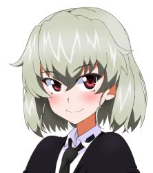 Rule 34 | 1girl, alternate hair length, alternate hairstyle, anchovy (girls und panzer), anzio school uniform, black cape, black necktie, blush, cape, closed mouth, commentary, dress shirt, girls und panzer, green hair, kayabakoro, long sleeves, looking at viewer, necktie, portrait, school uniform, shirt, smile, solo, white shirt, wing collar