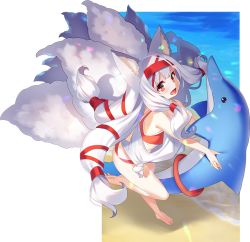 Rule 34 | 1girl, :d, animal ear fluff, animal ears, bare arms, bare legs, bare shoulders, barefoot, beach, bikini, blush, commentary request, fox ears, fox girl, fox tail, full body, hair ribbon, holding, kitsune, kyuubi, long hair, looking at viewer, multiple tails, open mouth, original, outside border, red bikini, red eyes, red ribbon, ribbon, sandals, silver hair, smile, soles, solo, standing, standing on one leg, swimsuit, tail, transparent background, very long hair, water, yuuji (yukimimi)