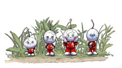 Rule 34 | 2boys, 2girls, big nose, black eyes, blush stickers, buttons, collin (pikmin), commentary request, eyelashes, full body, gloves, green eyes, grey eyes, half-closed eyes, hand on own arm, hands on own cheeks, hands on own face, hands on own hips, helmet, jumpsuit, marking on cheek, mole, mole under each eye, mole under eye, multiple boys, multiple girls, multiple moles, nintendo, no mouth, novelty glasses, outstretched arms, pikmin (series), pikmin 4, plant, radio antenna, red jumpsuit, rescue officer (pikmin), round eyewear, russ (pikmin), shepherd (pikmin), shoes, signature, simple background, space helmet, spacesuit, straight-on, usuba (hatomugip), whistle, white background, white footwear, white gloves
