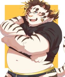 Rule 34 | 1boy, animal ears, bandaid, bandaid on face, bara, belly, black male underwear, black shirt, blonde hair, border, brown hair, clothes lift, commentary request, fangs, fat, fat man, furry, furry male, gold trim, green eyes, highres, licho (housamo), lifting own clothes, long hair, looking at viewer, low ponytail, male focus, male underwear, multicolored hair, open mouth, outside border, shirotoki (qdng0atngbaqmce), shirt, shirt lift, shirt partially removed, smile, solo, t-shirt, tail, thick eyebrows, tiger boy, tiger ears, tiger tail, tokyo houkago summoners, two-tone hair, underwear, upper body, white border, white fur, yellow background