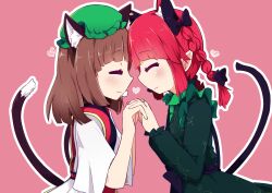 Rule 34 | 2girls, animal ears, blunt bangs, braid, brown hair, cat ears, cat tail, chen, closed eyes, commentary request, extra ears, face-to-face, foul detective satori, from side, highres, interlocked fingers, kaenbyou rin, kanisawa yuuki, light smile, long hair, multiple girls, multiple tails, nail polish, nekomata, outline, pink background, pointy ears, profile, red hair, simple background, tail, touhou, twin braids, two tails, white outline