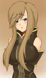 Rule 34 | 00s, 1girl, :t, bad id, bad pixiv id, blue eyes, blush, breast hold, breast rest, breasts, brown background, brown hair, detached sleeves, large breasts, long hair, madarame, solo, tales of (series), tales of the abyss, tear grants