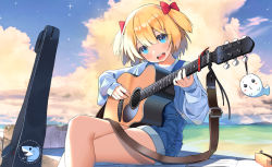 Rule 34 | 1girl, beach, blue eyes, blush, bow, charm (object), cloud, cloudy sky, commission, crossed legs, cumulonimbus cloud, day, guitar, guitar case, hair between eyes, hair bow, highres, holding, holding instrument, instrument, instrument case, looking at viewer, music, ocean, open mouth, original, outdoors, overalls, playing instrument, red bow, sand, sitting, skindentation, sky, slumcat, smile, solo, star (sky), teeth, tongue, twintails, upper teeth only, watermark, zipper