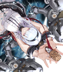 Rule 34 | 1girl, arms up, azur lane, black hairband, black skirt, blurry, blurry background, breasts, cannon, closed mouth, cuffs, depth of field, dido (azur lane), from above, hairband, hands up, holding, holding weapon, kdm (ke dama), large breasts, looking at viewer, machinery, medium hair, pink eyes, purple hair, rigging, shirt, skirt, solo, upside-down, upturned eyes, water drop, weapon, white shirt