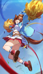 Rule 34 | 1girl, absurdres, animal ears, belt, blue jacket, breasts, brown hair, confetti, crop top, full body, high tops, highres, holding, holding pom poms, horse ears, horse girl, horse tail, jacket, jumping, layered skirt, looking up, medium breasts, midriff, motion blur, navel, nice nature (run&amp;win) (umamusume), nice nature (umamusume), one eye closed, open clothes, open jacket, open mouth, outstretched arms, pom pom (cheerleading), pom poms, ponytail, r1zen, red footwear, shirt, shoes, skirt, smile, sneakers, socks, solo, spread arms, tail, thighs, umamusume, white shirt, white skirt, white socks, yellow eyes