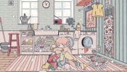 Rule 34 | 1girl, blush, braid, clock, closed eyes, electrical outlet, faucet, highres, indoors, laundry, laundry basket, light particles, long hair, lying, noeru (noellemonade), on stomach, original, pink hair, plant, potted plant, sink, sleeping, socks, solo, stool, sweater, towel, twin braids, washing machine, window