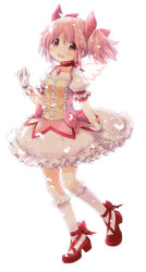 Rule 34 | 1girl, angel wings, ankle ribbon, aoki ume, arm at side, bubble skirt, buttons, choker, collarbone, commentary request, cross-laced footwear, dot nose, eyes visible through hair, feathers, flat chest, frilled skirt, frilled sleeves, frilled socks, frills, full body, gloves, hair between eyes, hair ribbon, hand up, happy, kaname madoka, leg ribbon, light blush, looking at viewer, mahou shoujo madoka magica, mahou shoujo madoka magica (anime), official art, open mouth, pink eyes, pink hair, pink ribbon, platform footwear, puffy short sleeves, puffy sleeves, red choker, red footwear, red neckwear, red ribbon, ribbon, ribbon choker, short sleeves, short twintails, sidelocks, silhouette, simple background, skirt, smile, socks, solo, soul gem, standing, standing on one leg, tareme, transparent wings, twintails, white background, white gloves, white skirt, white socks, wings