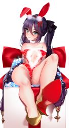 Rule 34 | 1girl, absurdres, blue eyes, box, fur trim, genshin impact, gift, gift box, highres, lace, leotard, long hair, looking at viewer, mona (genshin impact), nipples, pussy, pussy juice, rabbit ears, shoes, smile, twintails