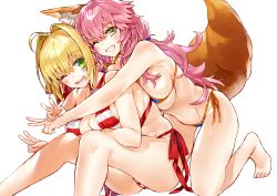 Rule 34 | 2girls, absurdres, ahoge, animal ear fluff, animal ears, bare shoulders, barefoot, bikini, blonde hair, blue bikini, blush, breasts, cleavage, collarbone, commentary request, criss-cross halter, fate/grand order, fate (series), fox ears, fox girl, fox tail, green eyes, grin, hair between eyes, hair intakes, halterneck, highres, kou mashiro, large breasts, long hair, looking at viewer, multiple girls, navel, nero claudius (fate), nero claudius (fate) (all), nero claudius (swimsuit caster) (fate), one eye closed, open mouth, pink hair, red bikini, side-tie bikini bottom, simple background, sitting, smile, striped bikini, striped clothes, swimsuit, tail, tamamo (fate), tamamo no mae (fate/extra), tamamo no mae (swimsuit lancer) (fate), thighs, v, white background, yellow eyes