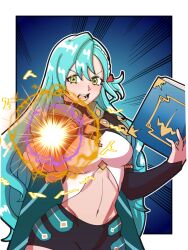Rule 34 | 1girl, aqua cape, aqua hair, book, breasts, cape, chloe (fire emblem), commentary, emphasis lines, fire emblem, fire emblem engage, green eyes, groin, hair between eyes, half updo, highres, holding, holding book, long hair, long sleeves, looking at viewer, magic, medium breasts, midriff, mnejing30, navel, nintendo, open mouth, shirt, solo, stomach, upper body, v-shaped eyebrows, very long hair, white shirt