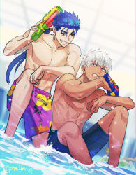 Rule 34 | 2boys, archer (fate), archer (water gun battle) (fate), blue hair, blue male swimwear, blue swim trunks, character request, check character, cu chulainn (fate), cu chulainn (water gun battle) (fate), dark skin, earrings, fate/grand order, fate/stay night, fate (series), floral print, floral swimsuit, gilgamesh (water gun battle) (fate), grey eyes, highres, hikaru (asteriskring), jewelry, long hair, looking at another, looking away, male focus, male swimwear, multiple boys, official alternate costume, pectorals, ponytail, pool, print male swimwear, print swim trunks, purple male swimwear, purple swim trunks, red eyes, short hair, smile, swim trunks, swimsuit, teeth, toned, toned male, topless male, water, water gun, white hair
