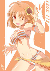 Rule 34 | 1girl, absurdres, bikini, birthday, braid, breasts, bunji, commentary, dated, flower, hair flower, hair ornament, highres, looking at viewer, love live!, love live! sunshine!!, medium breasts, one eye closed, orange hair, red eyes, sarong, shiny skin, side braid, signature, solo, striped bikini, striped clothes, swimsuit, takami chika