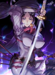 Rule 34 | 1girl, bodysuit, bow, bow (weapon), breasts, fate/grand order, fate (series), holding, holding bow (weapon), holding sword, holding weapon, incoming attack, katana, large breasts, long hair, looking at viewer, minamoto no raikou (fate), mozu suka, purple eyes, purple hair, solo, sword, thunder, very long hair, weapon