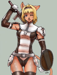 Rule 34 | 00s, 1girl, animal ears, armor, beamer, blonde hair, cat ears, cat tail, fang, final fantasy, final fantasy xi, gloves, md5 mismatch, mithra (ff11), one eye closed, resized, shield, solo, sword, tail, thighhighs, weapon, wink