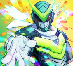 Rule 34 | 1boy, abstract background, armor, bad id, bad pixiv id, bodysuit, commentary request, cyborg, foreshortening, genji (overwatch), gloves, green background, helmet, looking at viewer, male focus, mask, nkatazmukai, official alternate costume, outstretched hand, overwatch, overwatch 1, power armor, reaching, reaching towards viewer, scarf, sentai genji, signature, solo, tokusatsu, upper body, white gloves, white scarf, yellow background